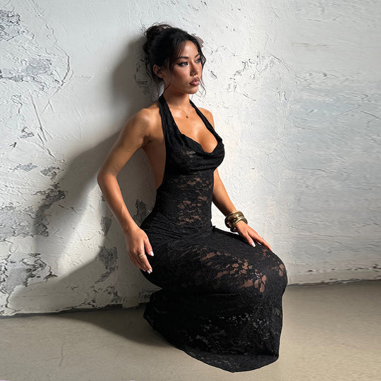 Damen Elegantes Spitzen-Maxikleid mit tiefem V-Ausschnitt und figurformendem Design EB
