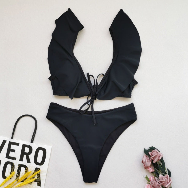 Damen Bikiniset mit Rüschen und Pflanzenmuster EB