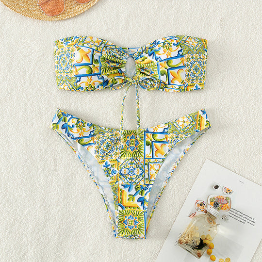 Damen Bandeau-Bikini mit raffiniertem Bindedetail und floralem Druck EB