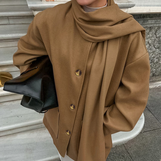 Damen modische Oversized-Jacke mit Schal und praktischen Taschen EB