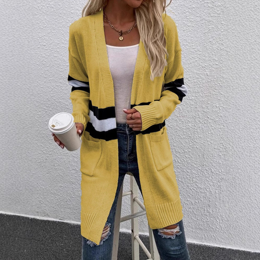 Damen Offene Strickjacke mit modernem Streifenmuster und praktischen Taschen EB