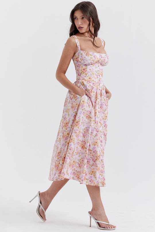 Damen Sommerliches Maxikleid mit floralen Einsätzen und tailliertem Oberteil EB