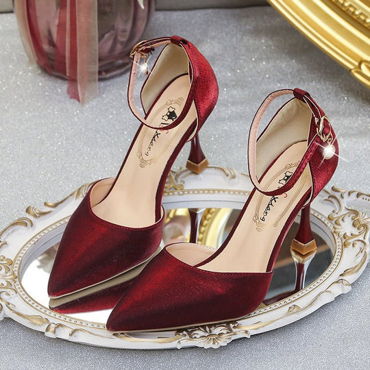 Damen elegante Spitze High Heels mit Riemchen und zierlichem Absatz EB