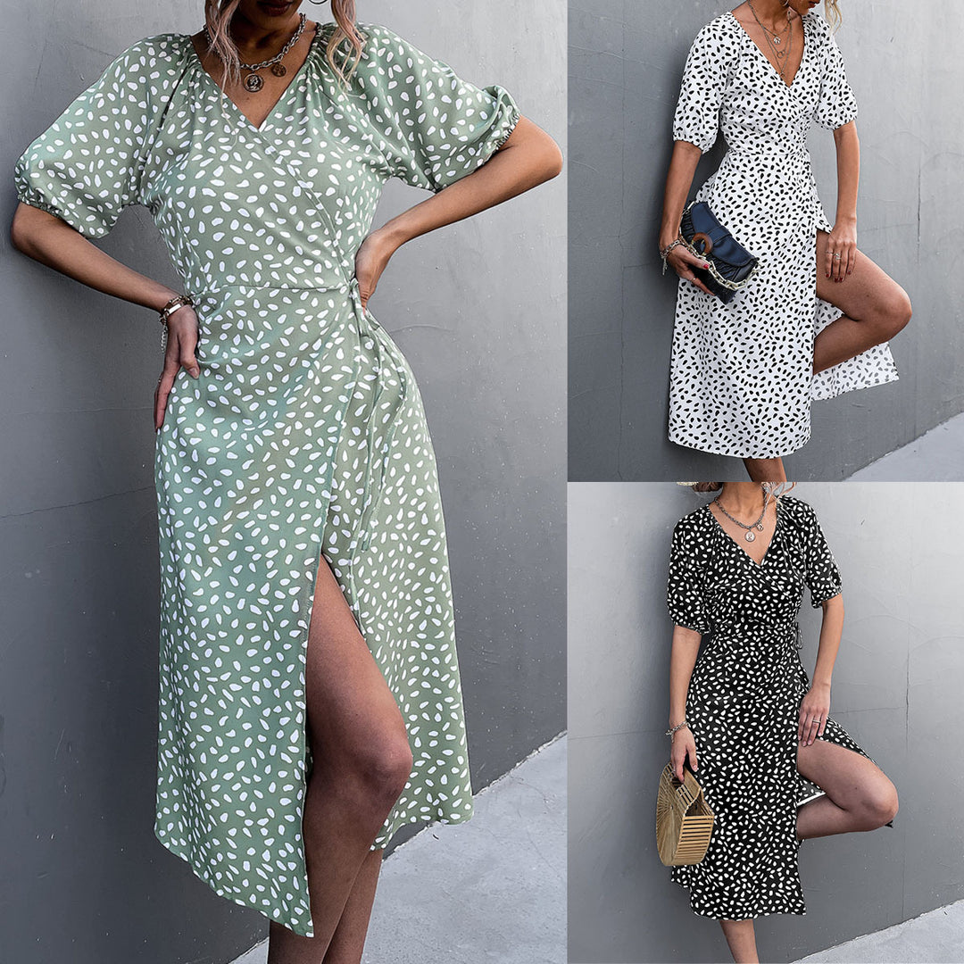 Damen Wickelkleid mit eleganten Puffärmeln und modernem Muster EB