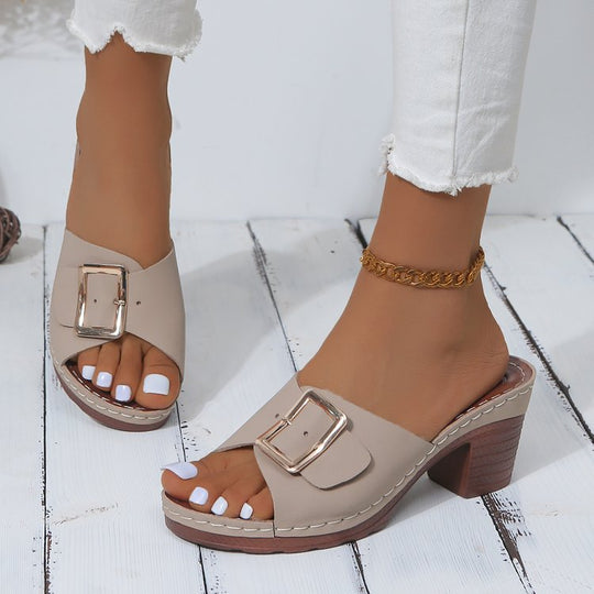 Damen Offene Slip-On Mules mit mittelhohem Blockabsatz und großer Zierschnalle EB