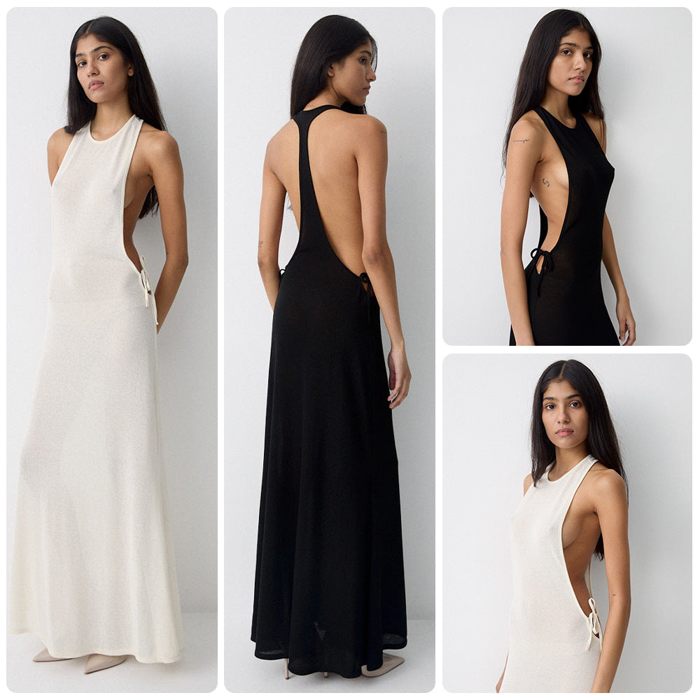 Damen Lange Seidenkleid mit kreativem Ausschnitt und eleganten Schleifendetails EB