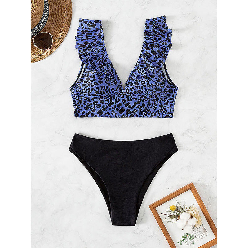 Damen Bikinioberteil mit modischem Leopardenmuster und Rüschendetails EB