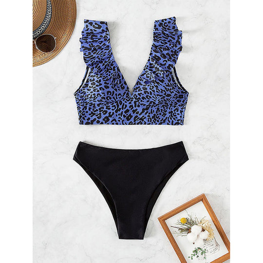Damen Bikinioberteil mit modischem Leopardenmuster und Rüschendetails EB