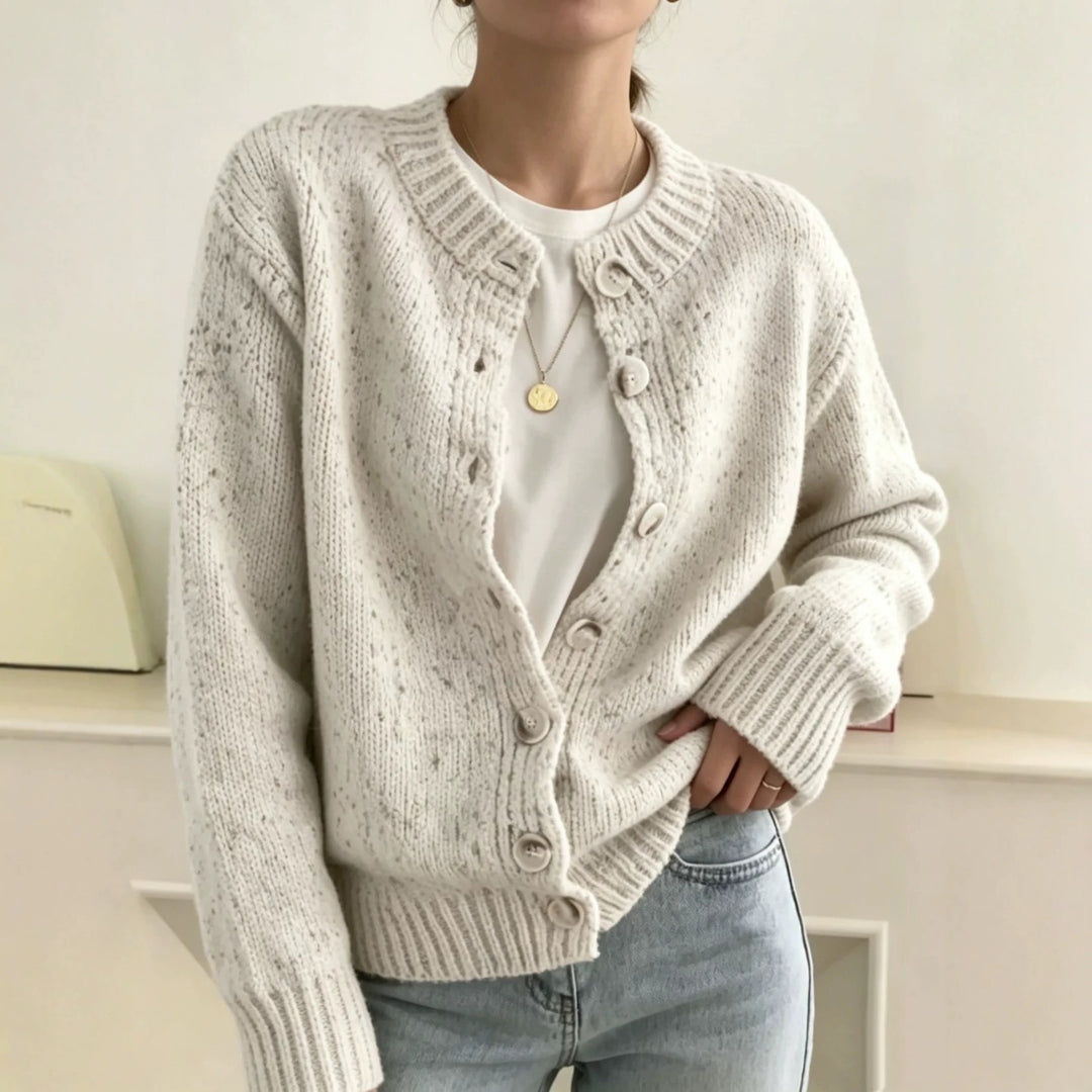 Damen Grobgestrickter Kurzcardigan mit Rundhalsausschnitt und meliertem Tweed-Effekt EB