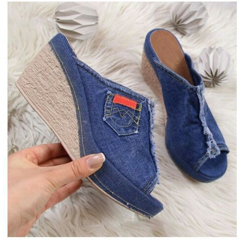 Damen Wedge-Pantoletten mit stylischem Jeans-Design EB