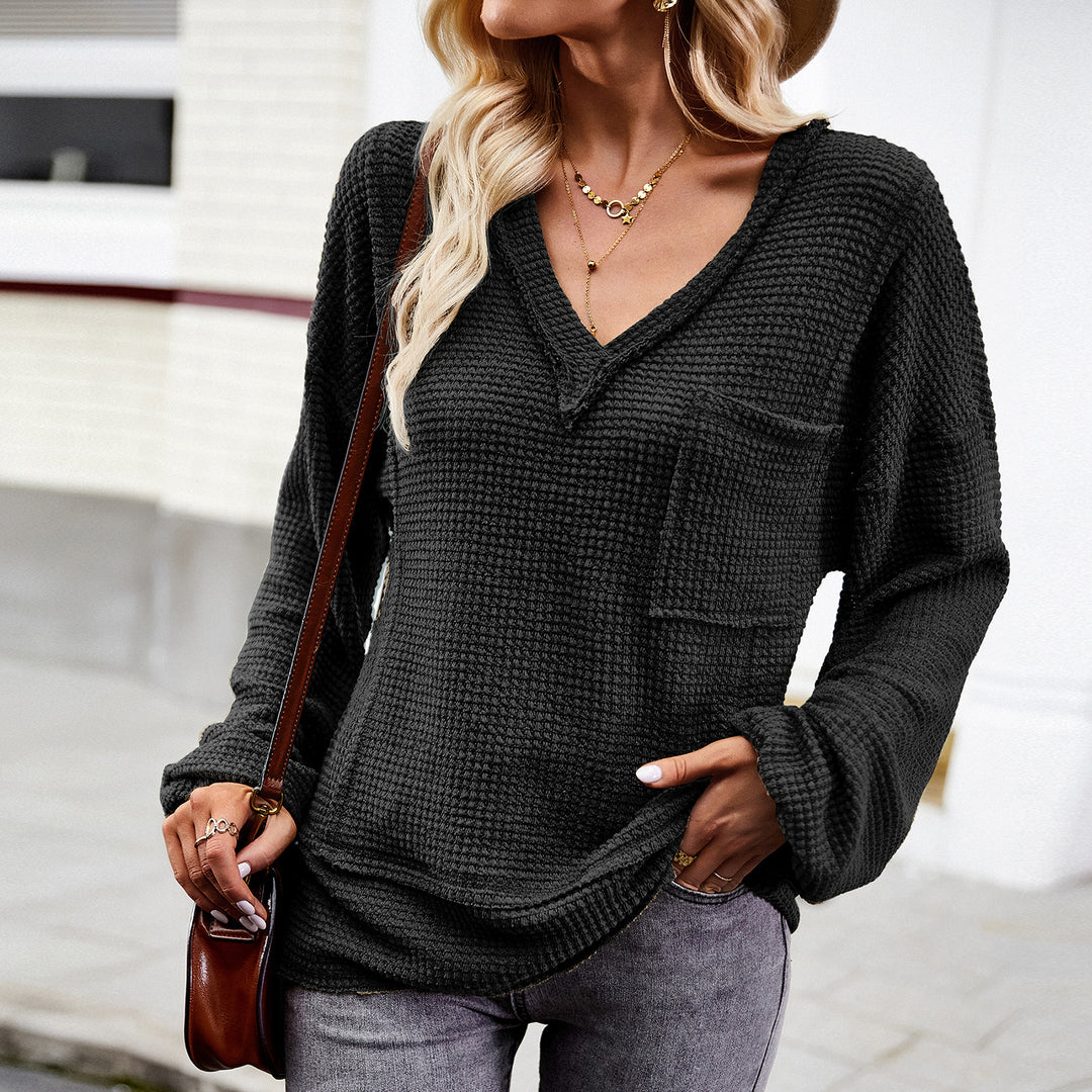 Damen nan Waffelstruktur V‑Neck Pullover mit aufgesetzter Brusttasche und überschnittenen Ärmeln EB