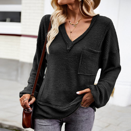 Damen nan Waffelstruktur V‑Neck Pullover mit aufgesetzter Brusttasche und überschnittenen Ärmeln EB