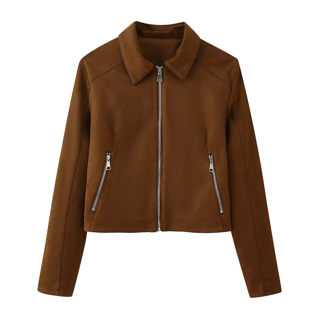 Damen Trendige Kunstlederjacke mit modernen Reißverschlüssen und klassischem Kragen EB