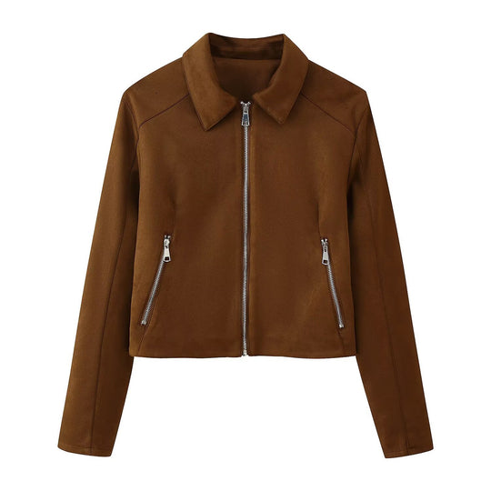 Damen Trendige Kunstlederjacke mit modernen Reißverschlüssen und klassischem Kragen EB