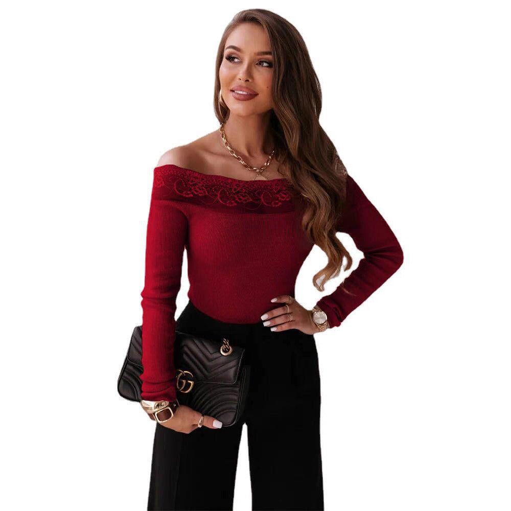 Damen Off-Shoulder Top mit Spitzenbesatz und langem Arm EB