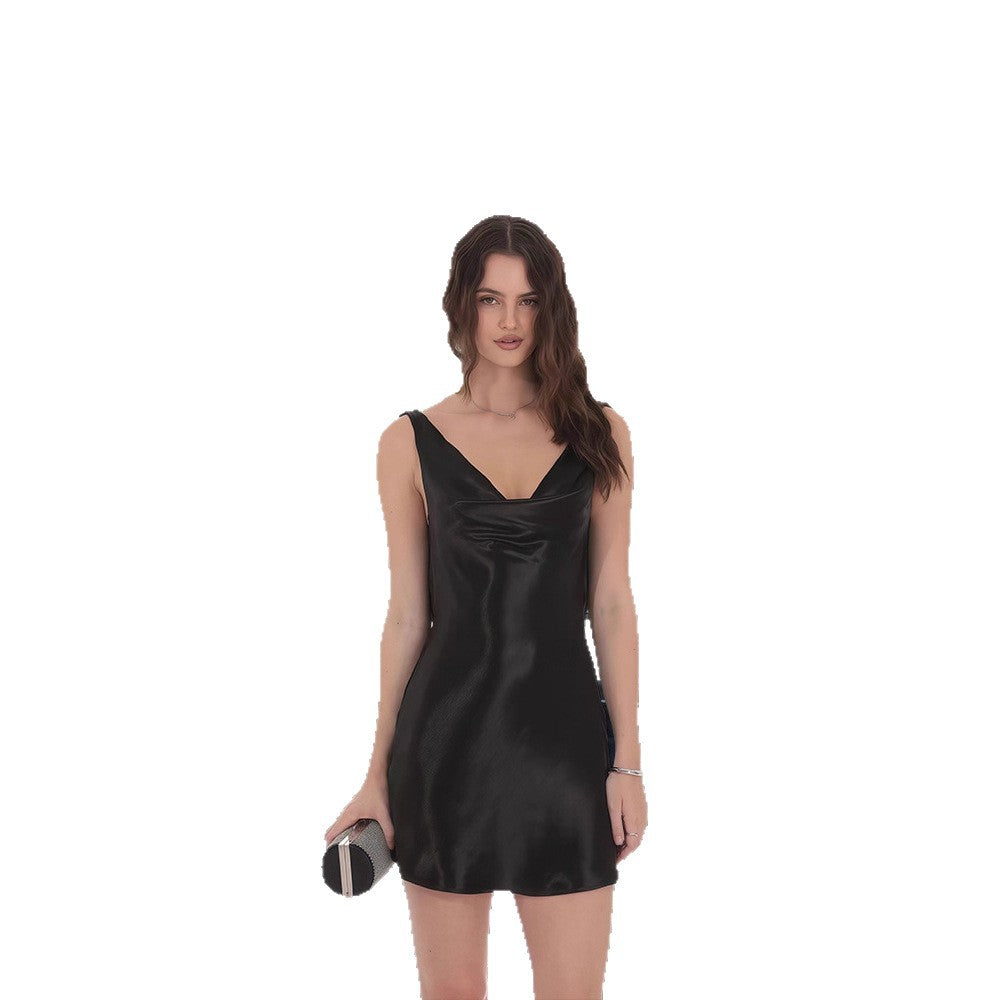 Damen Chiffon Minikleid mit elegantem Wasserfallausschnitt und tiefer Rückenpartie EB