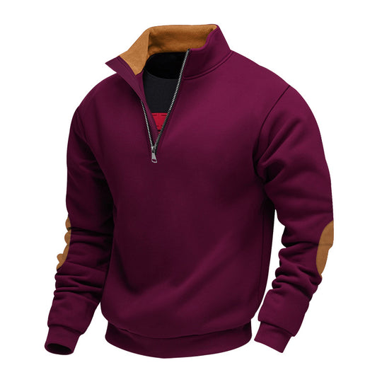 Herren nan Sweatshirt mit Halb-Reißverschluss, Stehkragen und Wildleder-Ellenbogenbesatz EB