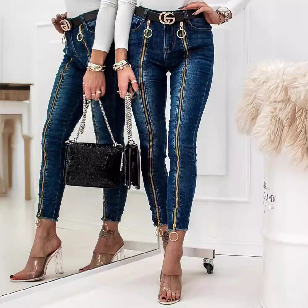Damen High-Waist Jeans im modernen Design mit seitlichem Reißverschluss und Ring-Details EB