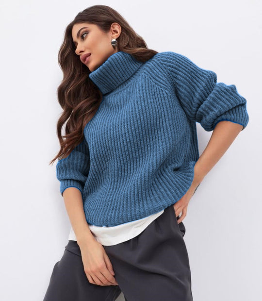 Damen Strickpullover mit hohem Kragen und Wabenstruktur EB