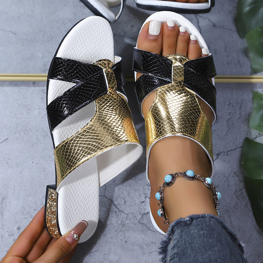Damen Offene Sandalen mit glamourösem Metallic-Design und rutschfester Sohle EB