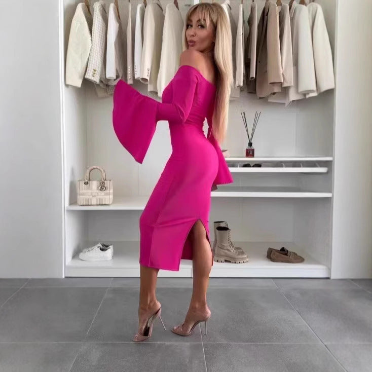 Damen Elegantes Langarmkleid mit weiten Ärmeln und Schlitz EB