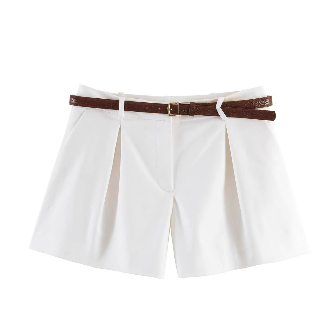 Damen High-Waist Shorts mit elegantem Faltenwurf und schmalem Gürtel EB