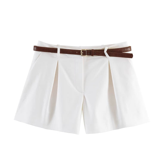Damen High-Waist Shorts mit elegantem Faltenwurf und schmalem Gürtel EB