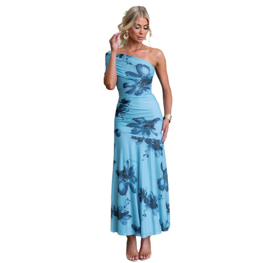 Damen Off-Shoulder Maxikleid mit floralen Akzenten und gerafftem Design EB