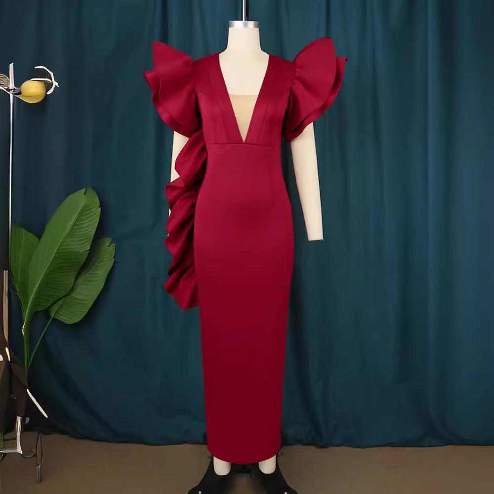 Damen figurumspielendes Abendkleid mit voluminösen Rüschenärmeln EB