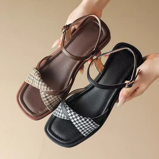 Damen modische Riemchen-Sandalen mit stilvollem Karomuster und komfortablem Blockabsatz EB