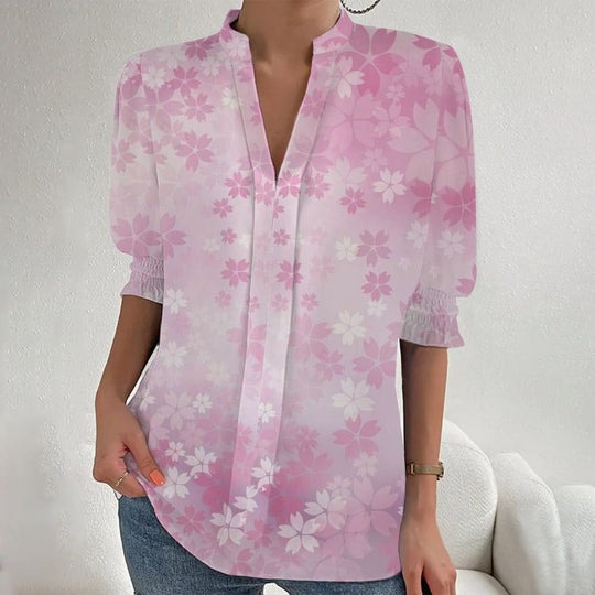 Damen Blumenprint Tunika-Bluse mit Stehkragen, geschlitzter V‑Blende und gerafften 3/4-Ärmeln EB