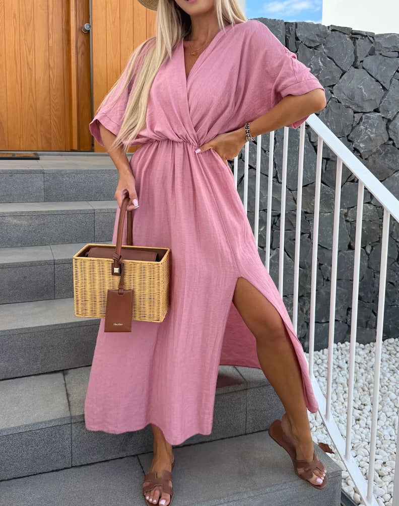 Damen lässiges Maxi-Kleid mit tiefem V-Ausschnitt und elastischem Taillenbund EB