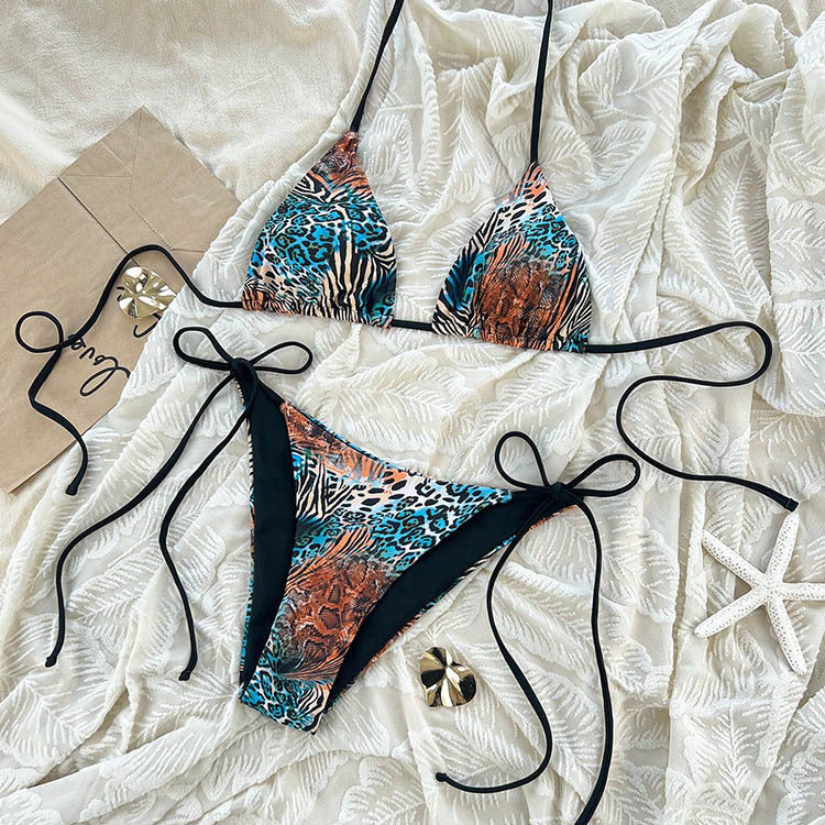 Damen Triangel-Bikini mit verstellbaren Bindebändern und tierischem Design EB