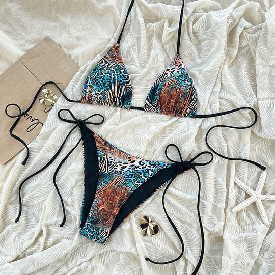 Damen Triangel-Bikini mit verstellbaren Bindebändern und tierischem Design EB