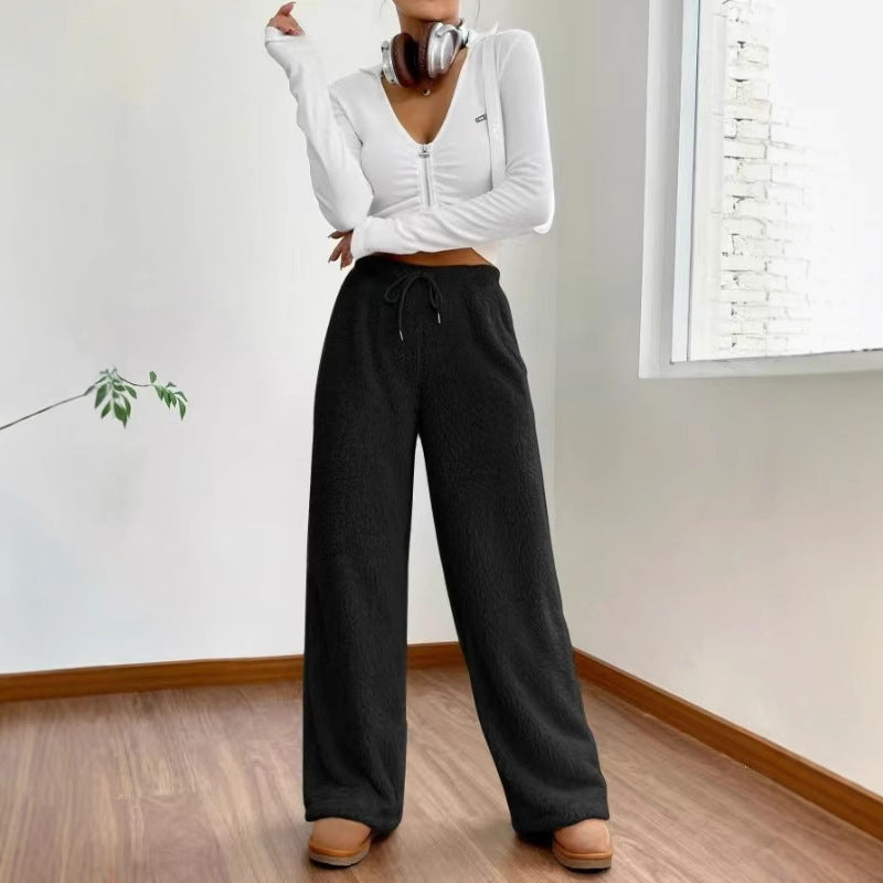 Damen nan hochtaillierte Teddyfleece-Loungehose mit weitem Bein, Kordelzug und seitlichen Eingrifftaschen EB