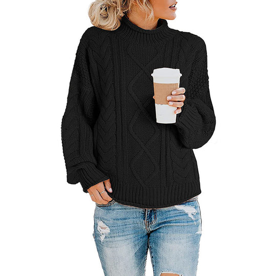 Damen Grobstrickpullover mit hohem Kragen und Bündchen EB