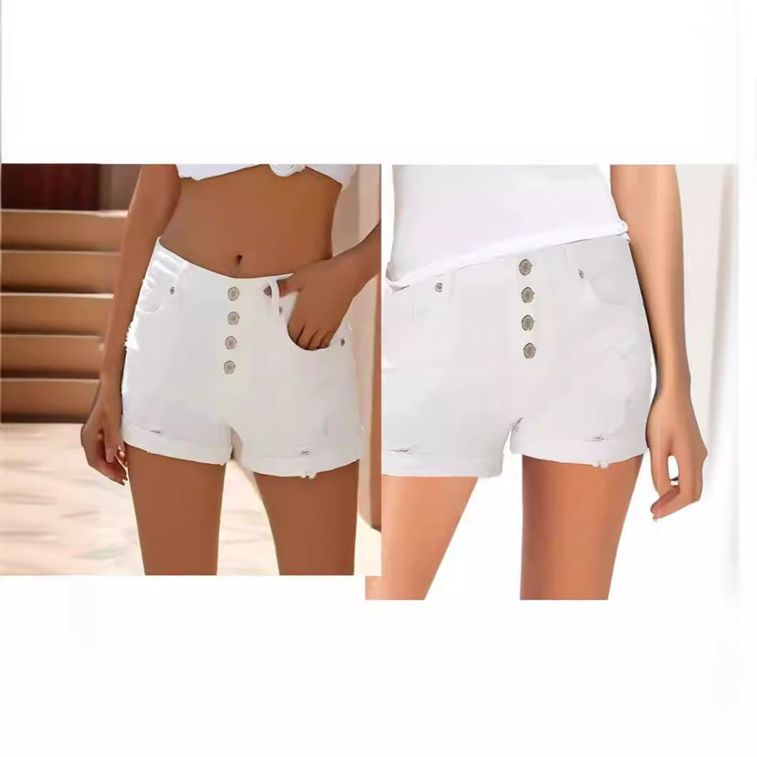Damen modische High-Waist Denim-Shorts mit Knopfdetails und ausgefranstem Saum EB