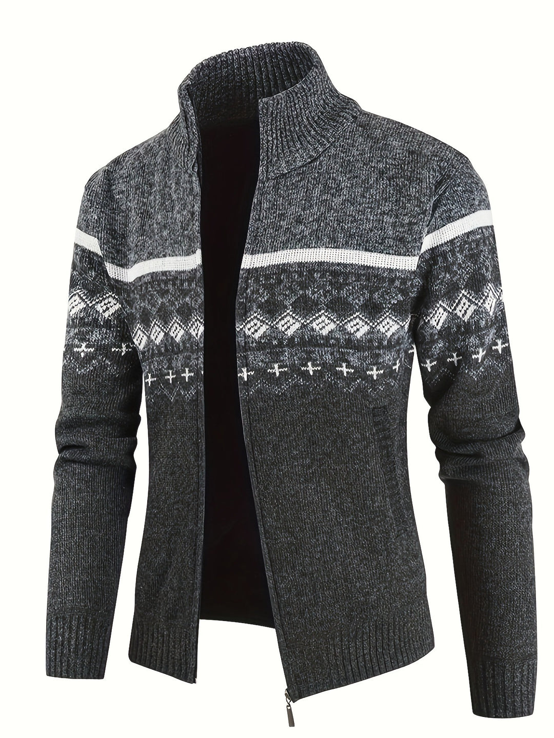 Herren Thermo-Strickjacke mit Stehkragen und Reißverschluss Norwegerstrick Fleece-gefüttert EB