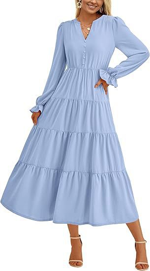 Damen Maxikleid mit knopfverzierter Front und voluminösen Ärmeln EB