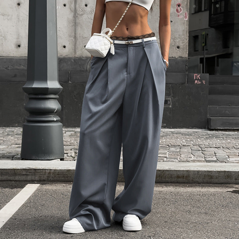Damen nan hochtaillierte weite Bundfaltenhose mit Cargo‑Details, Gürtelschlaufen und geradem Beinschnitt EB