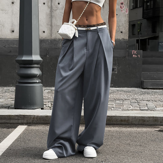 Damen nan hochtaillierte weite Bundfaltenhose mit Cargo‑Details, Gürtelschlaufen und geradem Beinschnitt EB