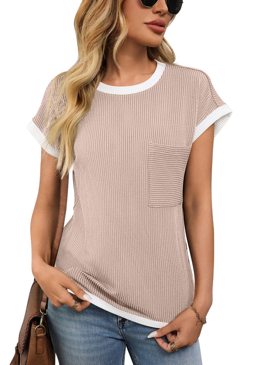 EB | Gestricktes kontrastierendes T-Shirt mit Rundhalsausschnitt