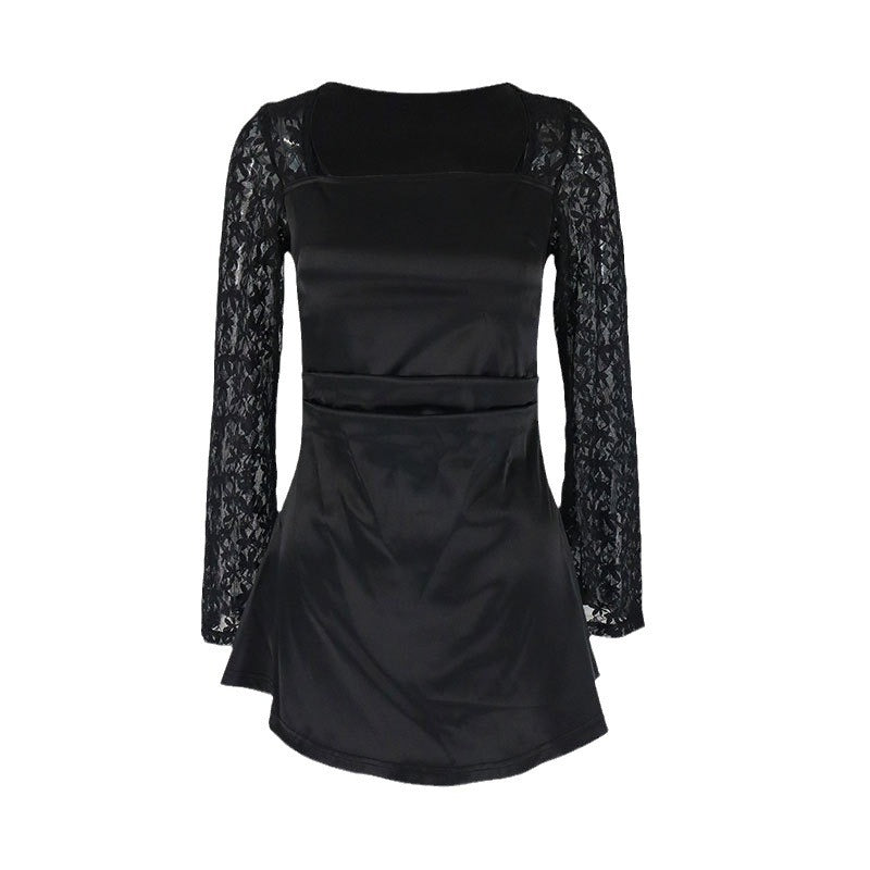 Damen Elegantes Kleid mit Spitzenärmel und fließendem Rock EB