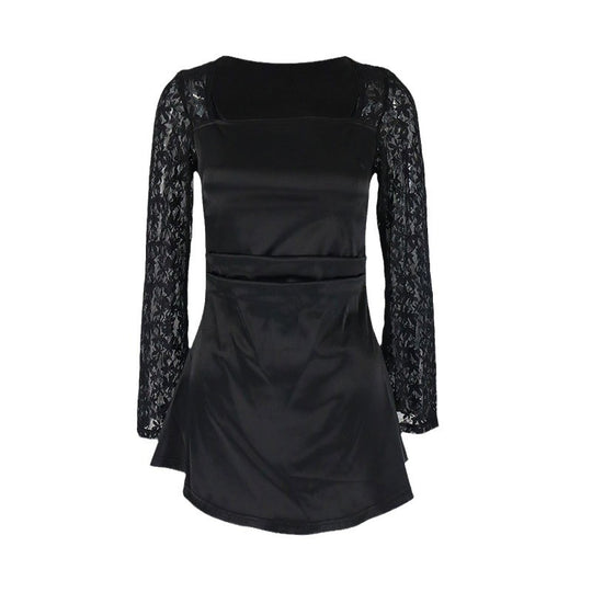 Damen Elegantes Kleid mit Spitzenärmel und fließendem Rock EB