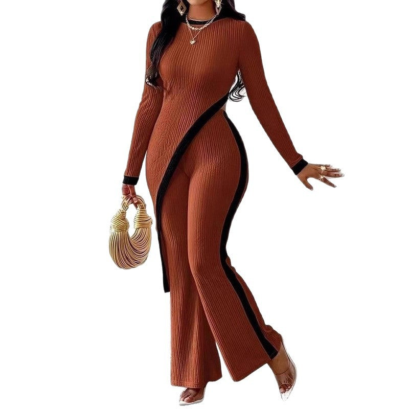 Damen nan eleganter Rippen-Jumpsuit mit asymmetrischer Wickeloptik, taillierendem Cut-Out und kontrastierenden Seitenstreifen EB