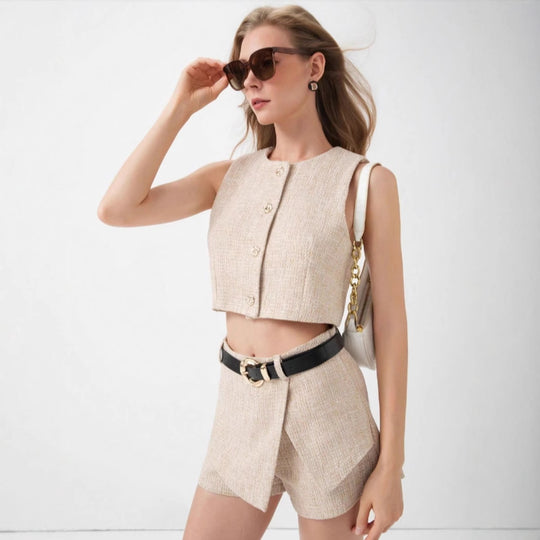 Damen Tweed-Shorts-Set mit tailliertem Oberteil und Gürtel EB