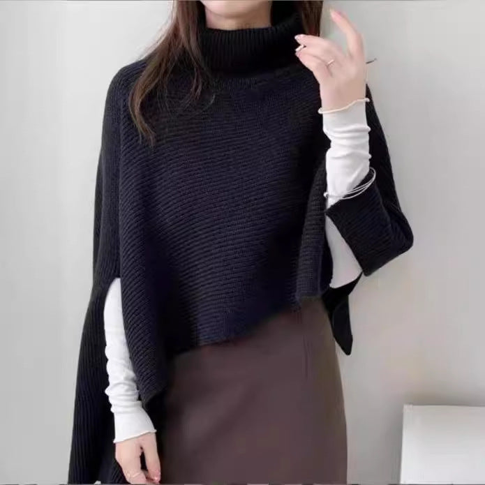 Damen Strickponcho mit hohem Kragen und asymmetrischem Schnitt EB