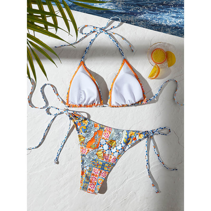 Damen Triangel-Bikini mit buntem Floraldesign und verspielten Bindebändern EB