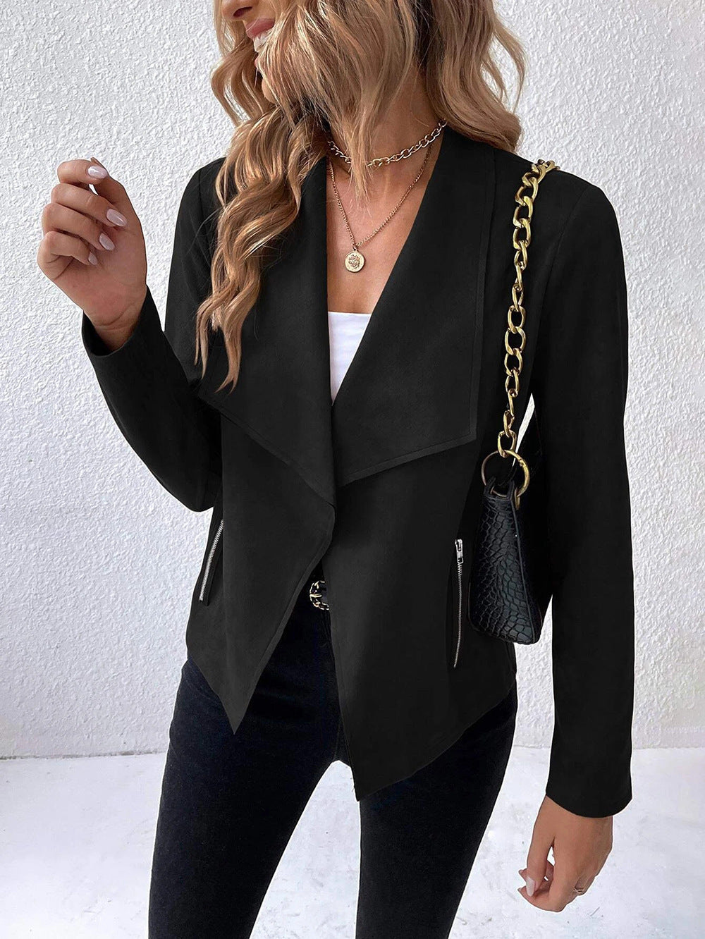 Damen elegante Veloursjacke mit asymmetrischem Revers und Reißverschlusstaschen EB