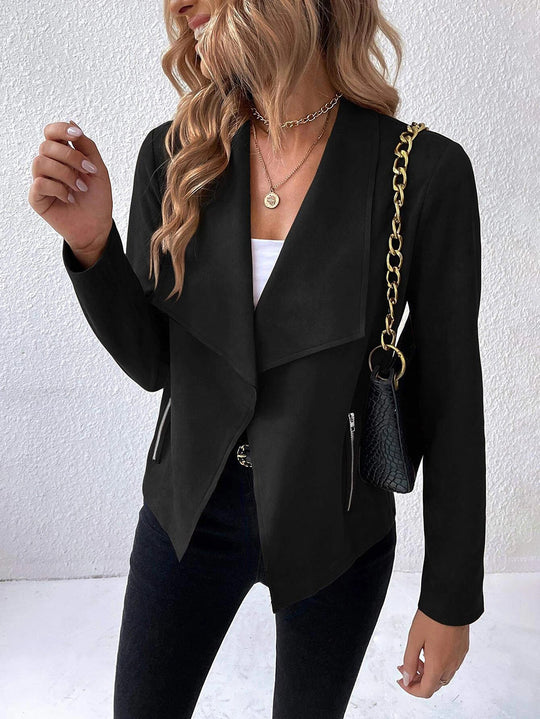 Damen elegante Veloursjacke mit asymmetrischem Revers und Reißverschlusstaschen EB